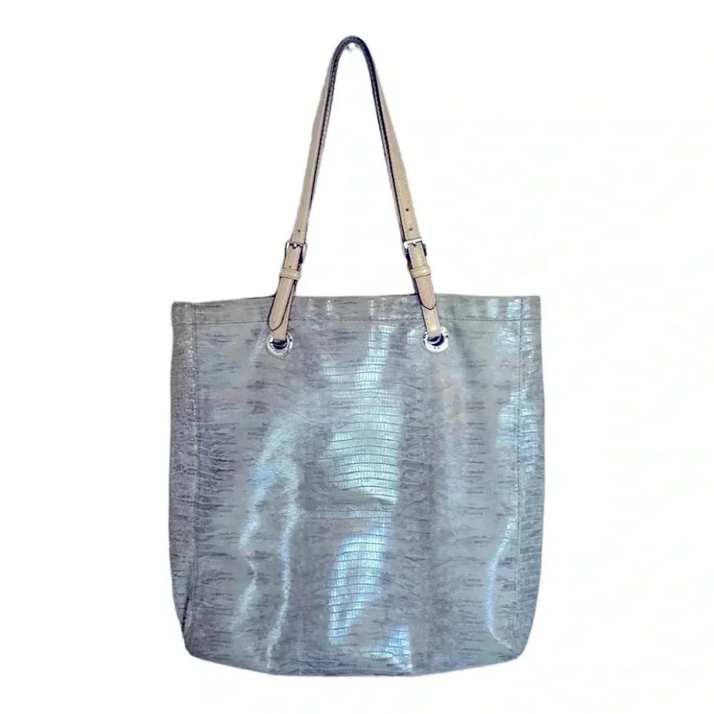 Michael Kors Silver Metallic Snakeprint Shoulder Tote Bag